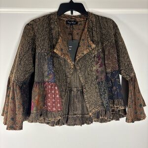 NWT Young Threads Sz M Amber Lapel Detail Cropped Top Jacket Boho Embroidery